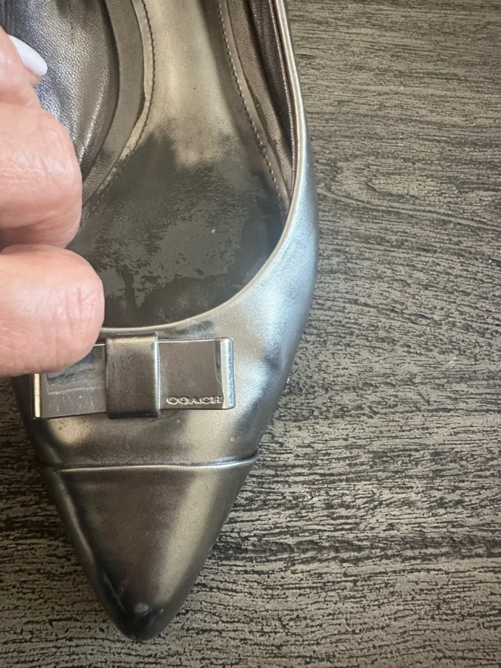 Coach Metallic Silver Pointed Toe Flats with Bow Detail